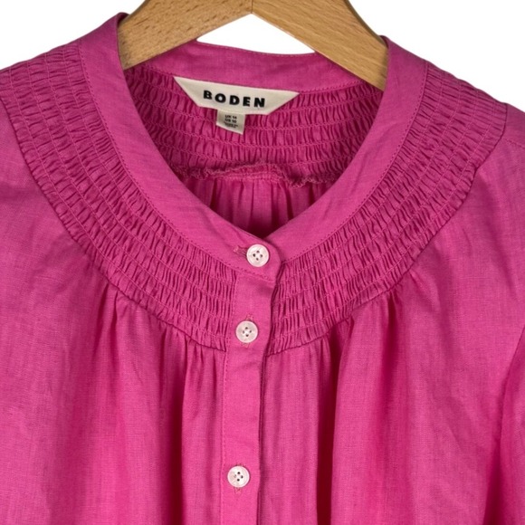 Boden 100% Linen Smocked Button Up Blouse Womens 10 Pink Puff Sleeves - Picture 9 of 10
